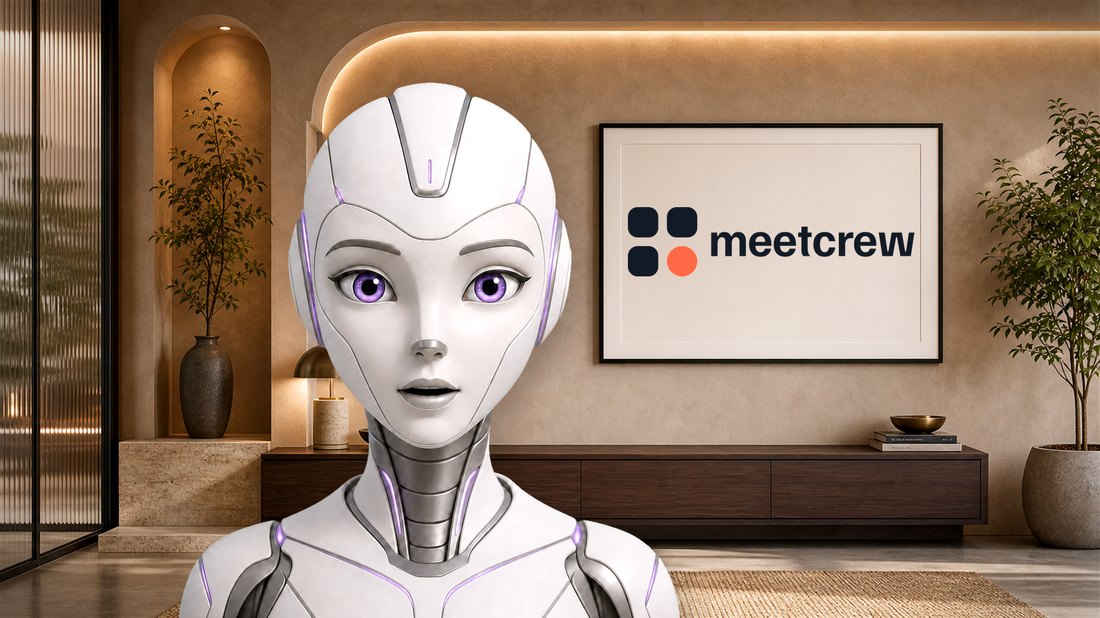 A MeetCrew teammate in a Teams meeting with a MeetCrew-branded background